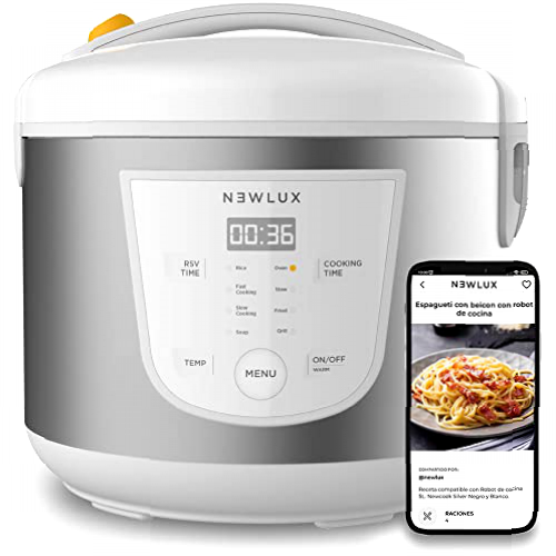 NEWLUX-Robot de Cocina Multifunción 5L Mod. Newcook Blanco con Cubeta Antiadherente, Programable 24H, 9 Funciones y 8 Menús automáticos. Mantiene Caliente 24H