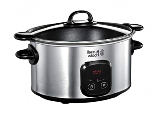 Russell Hobbs Olla de Cocción Lenta Maxicook - Capacidad 6 L, 8 Raciones, 3 Temperaturas, Temporizador Digital, Cazuela de Aluminio, Revestimiento Antiadherente, Tapa de Cristal, Plata - 22750-56