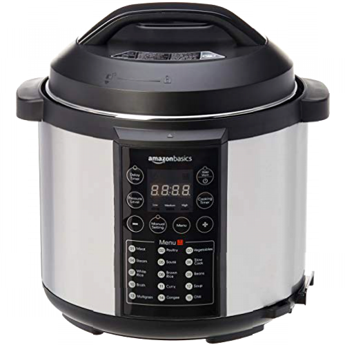 Amazon Basics - Vaporizador eléctrico multiuso 23 en 1, 5,5 l, 1000 W, acero inoxidable cepillado, incluye libro de recetas