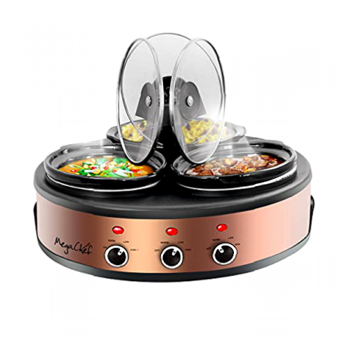 MegaChef MC-1103 - Olla de cocción lenta y servidor de buffet de cobre con 3 ollas de cerámica y tapas extraíbles, cobre cepillado con acabado negro