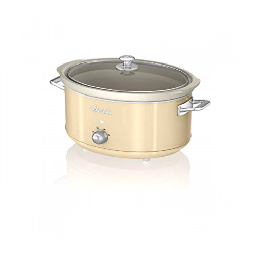Swan Retro SF17031CN Olla Cocción Lenta 6,5L Recipiente Extraíble, Antiadherente Cerámica libre PFOA y PTFE, 3 Niveles Temperatura, Tapa Vidrio, Slow Cooker, Diseño Vintage, Crema, 320W