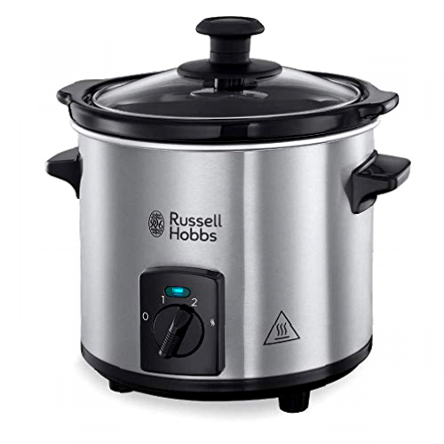 Russell Hobbs Olla de Cocción Lenta Compact Home - Capacidad 2 L, Diseño Compacto, 3 Temperaturas, Cuerpo de Acero Inoxidable, Cazuela Extraíble de Cerámica, Tapa de Cristal, Plata - 25570-56