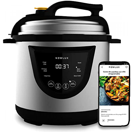NEWLUX - Olla Programable 6L Chef Pot V110 Ollas a Presión Eléctrica, 10 Menús, 1000W, Programable 24 h, Preserva el Calor, Efecto Presurización, Sistema Duopresión, Cubeta 100% Antiadherente