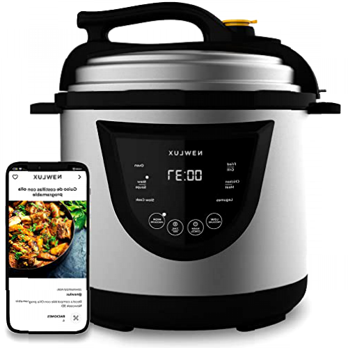 NEWLUX - Olla Programable 6L Chef Pot V110 Ollas a Presión Eléctrica, 10 Menús, 1000W, Programable 24 h, Preserva el Calor, Efecto Presurización, Sistema Duopresión, Cubeta 100% Antiadherente