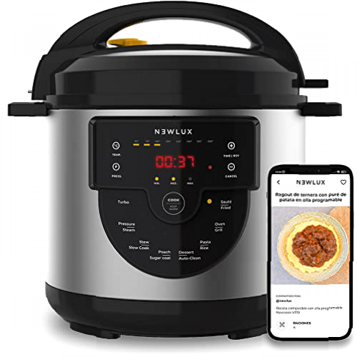 NEWLUX - Olla Programable 6L Chef Pot V170, Olla a Presión Multifunción Eléctrica con Voz, 15 Funciones, 1000W, Programable 24h, 4 Niveles de Presión, Cubeta 100% Antiadherente | Accesorio para Freír