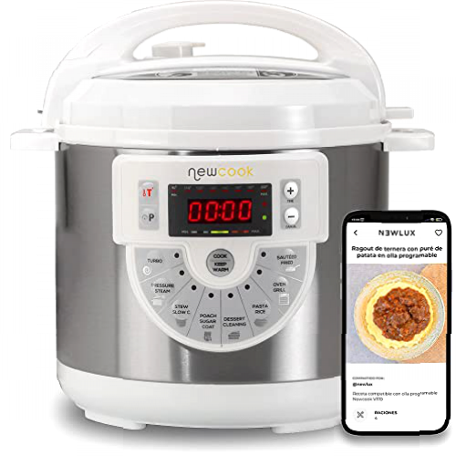 NEWCOOK Olla Programable Newcook Delicious Blanca, Olla a Presión Multifunción Eléctrica con Voz, 15 Funciones, 1000W,6 l, 4 Niv. Presión,Cubeta con recubrimiento cerámico. Accesorio para Freír