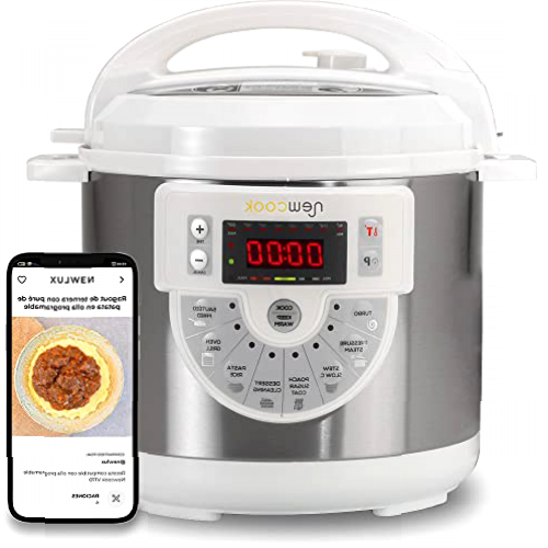 NEWCOOK Olla Programable Newcook Delicious Blanca, Olla a Presión Multifunción Eléctrica con Voz, 15 Funciones, 1000W,6 l, 4 Niv. Presión,Cubeta con recubrimiento cerámico. Accesorio para Freír
