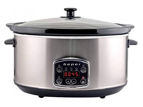 BEPER BC.510 Olla de cocción lenta en acero, Capacidad de 4,5 l, Pantalla digital, 3 Funciones de cocción, Función de Mantener Caliente, Temporizador y Arranque retardado