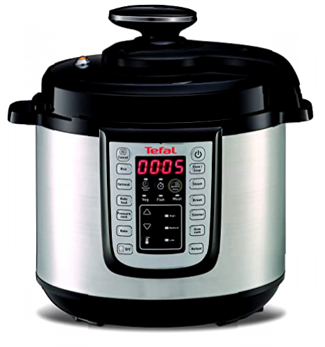 Tefal Fast&Delicious CY505E10 - Olla de acero inoxidable con 25 programas de cocción a presión rápida, tecnología de presión segura, 6 L, 6 personas, pantalla de control en inglés, color negro