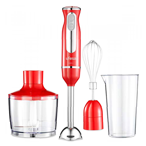Ufesa BP3443 Batidora de Mano, Potencia 600 W, Función Turbo, 2 Cuchillas y Pie en Acero Inoxidable, Diseño Ergonómico y Anti Salpicaduras, Accesorios Incluidos, Sin BPA, Color Rojo (Advanced Red)