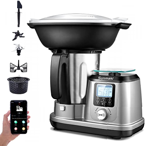 Procesador de alimentos con función de cocción, máximo 1200W Máquina de cocción Sunmaki,10 programas, robot de cocina multifuncional, control APP, báscula de cocina, incluye accesorios, pantalla LCD