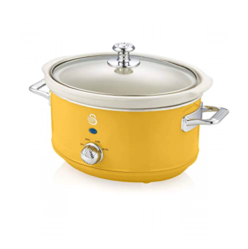 Swan Retro SF17021YELN Olla Cocción Lenta 3,5L Recipiente Extraíble, Antiadherente Cerámica libre PFOA y PTFE, 3 Niveles Temperatura, Tapa Vidrio, Slow Cooker, Diseño Vintage, Amarillo, 200W