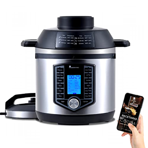 MasterPro FryCook | Freidora Sin Aceite | AirFryer y Olla a Presión de 1500W y 6L | Olla de Cocina Programable con 44 Funciones Automáticas | Olla Express | 12 Programas de Cocinado Diferentes en 1