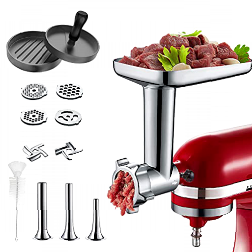 Accesorios Picadora de Carne para KitchenAid Robots de Cocina, COFUN Máquina Picadoras de Carne para KitchenAid, Accesorios Picadora Accesorio con 3 Tubos de Relleno de Salchichas, 1 Prensa Burger