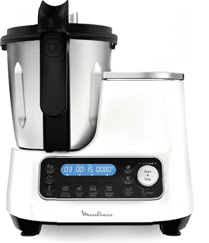 Moulinex ClickChef HF4SPRBL - Robot de cocina multifunción 1400W, 3.6 l, recetario en Castellano, 5 programas Auto, temperatura de 30 a 120 ºC, 12 velocidades , 32 funciones, báscula, vaporera, blanco