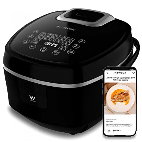 NEWLUX - Robot de cocina Multifunción Programable 24H Digital V100, Táctil, Capacidad 5L (Hasta 10 pax), 21 Prog Automáticos. Mantiene el Calor 12H. Incluye Cubeta Antiadherente y Accesorios (900W)