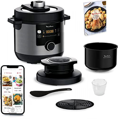 Moulinex Turbo Cuisine & fry CE7788 - 2 en 1: Olla a presión eléctrica y freidora de aire hasta 1450 W potencia, bol esfércico antiadherente, 15 programas automáticos, temporizador, accesorios, negro
