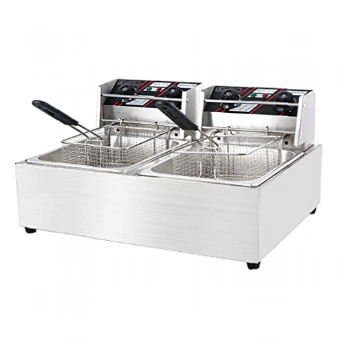 INTHEL Profundo Profesional eléctrico, Tanque de Chips de Pollo de Acero Inoxidable con Cuchara de Cesta para Cocina de Comida Familiar de encimera de Restaurante Comercial (6L + 6L + Cesta frita)