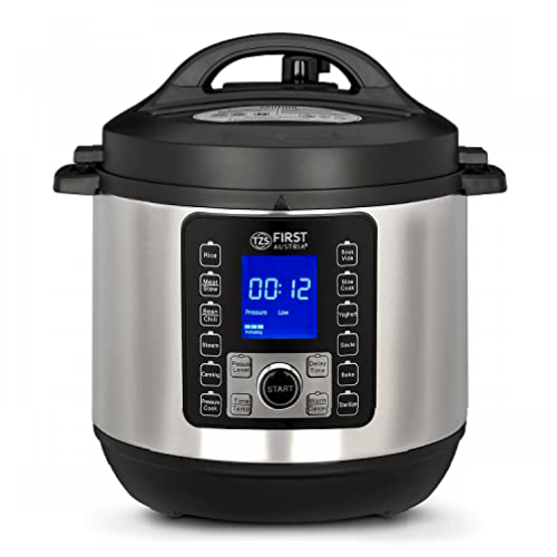 TZS First Austria Olla a presión eléctrica de 6 L, multicocina, 12 programas, olla a presión, arrocera, vaporizador con función de mantener el calor, color plateado y negro
