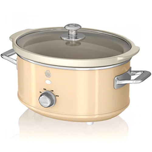 Swan Retro SF17021CNEU Olla Cocción Lenta 3,5L Recipiente Extraíble, Antiadherente Cerámica libre PFOA y PTFE, 3 Niveles Temperatura, Tapa Vidrio, Slow Cooker, Diseño Vintage, Crema, 200W