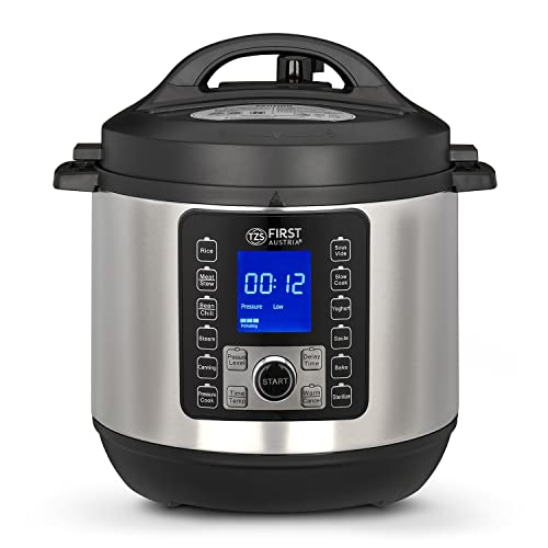 TZS First Austria Olla a presión eléctrica de 6 L, multicocina, 12 programas, olla a presión, arrocera, vaporizador con función de mantener el calor, color plateado y negro