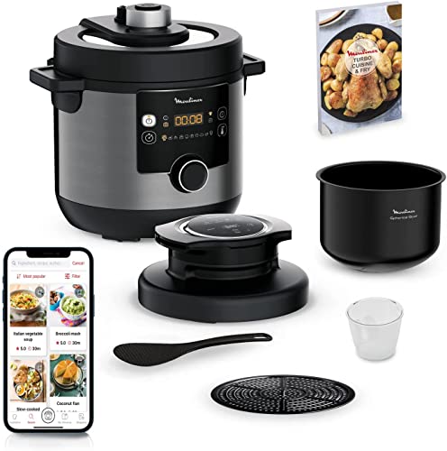 Moulinex Turbo Cuisine & fry CE7788 – 2 en 1: Olla a presión eléctrica y freidora de aire hasta 1450 W potencia, bol esfércico antiadherente, 15 programas automáticos, temporizador, accesorios, negro