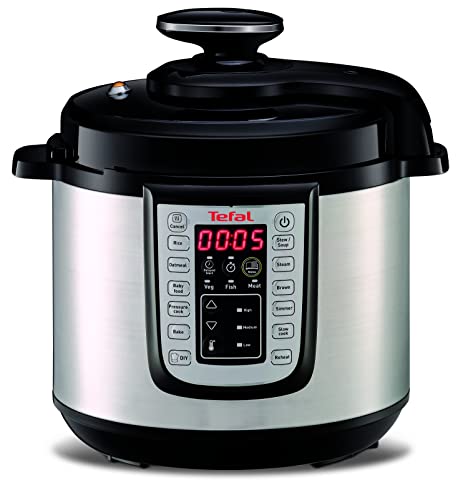 Tefal Fast&Delicious CY505E10 – Olla de acero inoxidable con 25 programas de cocción a presión rápida, tecnología de presión segura, 6 L, 6 personas, pantalla de control en inglés, color negro