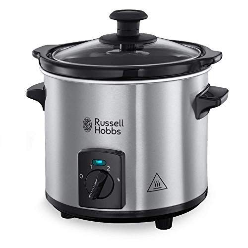 Russell Hobbs Olla de Cocción Lenta Compact Home – Capacidad 2 L, Diseño Compacto, 3 Temperaturas, Cuerpo de Acero Inoxidable, Cazuela Extraíble de Cerámica, Tapa de Cristal, Plata – 25570-56