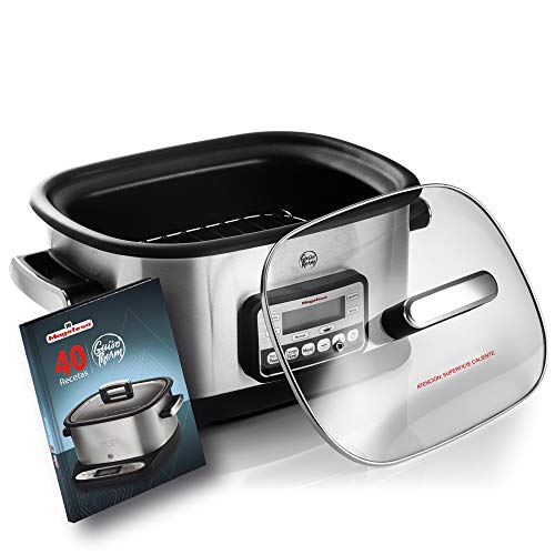 MAGEFESA Olla eléctrica de cocción Tradicional GUISOTHERM 6L 1200 W, Incluye Libro de Cocina con Recetas, Recipiente extraíble Anti adherente, Apto para lavavajillas, Tapa de Vidrio (Aluminio)