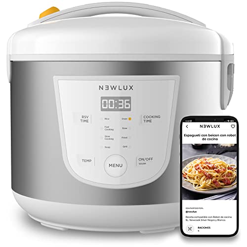 NEWLUX-Robot de Cocina Multifunción 5L Mod. Newcook Blanco con Cubeta Antiadherente, Programable 24H, 9 Funciones y 8 Menús automáticos. Mantiene Caliente 24H