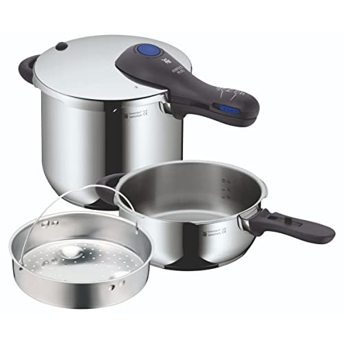 WMF Perfect Plus – Set con Olla Rápida 22 cm de diámetro de 6 litros y medio + cuerpo 3 litros con cestillo de vapor, Acero Inoxidable Pulido para inducción