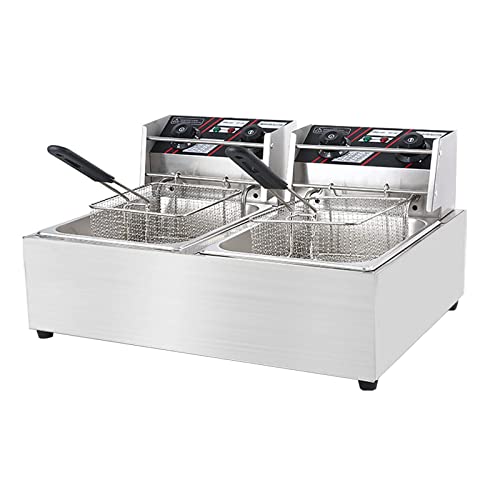 INTHEL Profundo Profesional eléctrico, Tanque de Chips de Pollo de Acero Inoxidable con Cuchara de Cesta para Cocina de Comida Familiar de encimera de Restaurante Comercial (6L + 6L + Cesta frita)