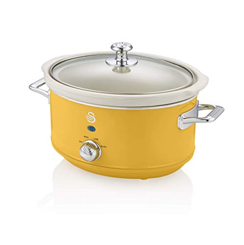 Swan Retro SF17021YELN Olla Cocción Lenta 3,5L Recipiente Extraíble, Antiadherente Cerámica libre PFOA y PTFE, 3 Niveles Temperatura, Tapa Vidrio, Slow Cooker, Diseño Vintage, Amarillo, 200W