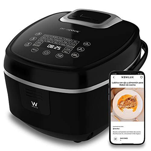 NEWLUX – Robot de cocina Multifunción Programable 24H Digital V100, Táctil, Capacidad 5L (Hasta 10 pax), 21 Prog Automáticos. Mantiene el Calor 12H. Incluye Cubeta Antiadherente y Accesorios (900W)